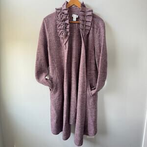 Soft Surroundings XL 100% Wool Lagenlook Purple Open Cardigan Sweater Ruffle Nec